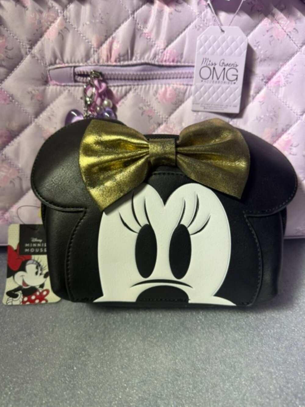Disney Minnie Mouse Black Faux Leather Gold Bow Cosmetic Case NWT